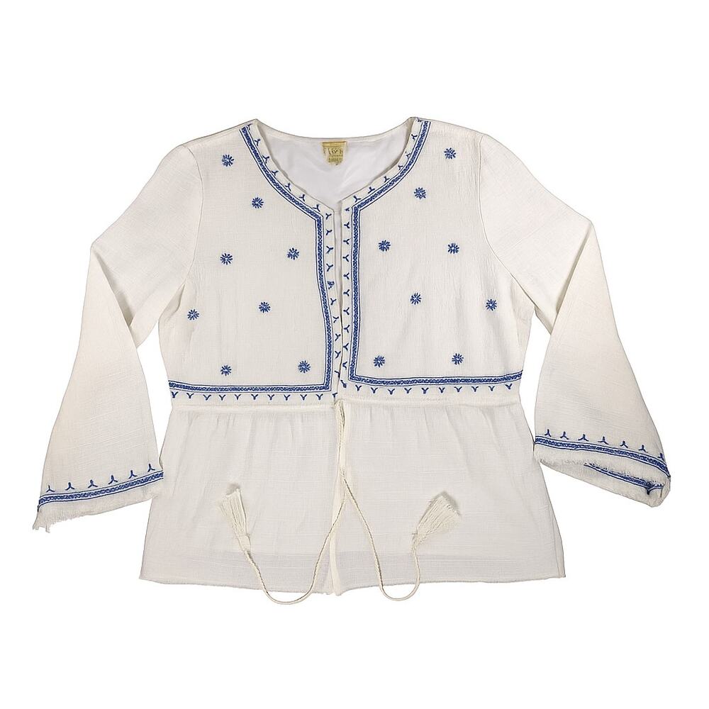 True Craft Jacket L White 100% Cotton Blue Embroidered Boho Peplum Tie Raw Hems